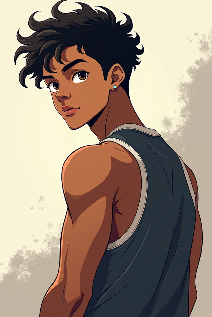 Chico, tall and handsome, moreno, short curly black hair, Brown eyes, wears sports clothes. anime style.