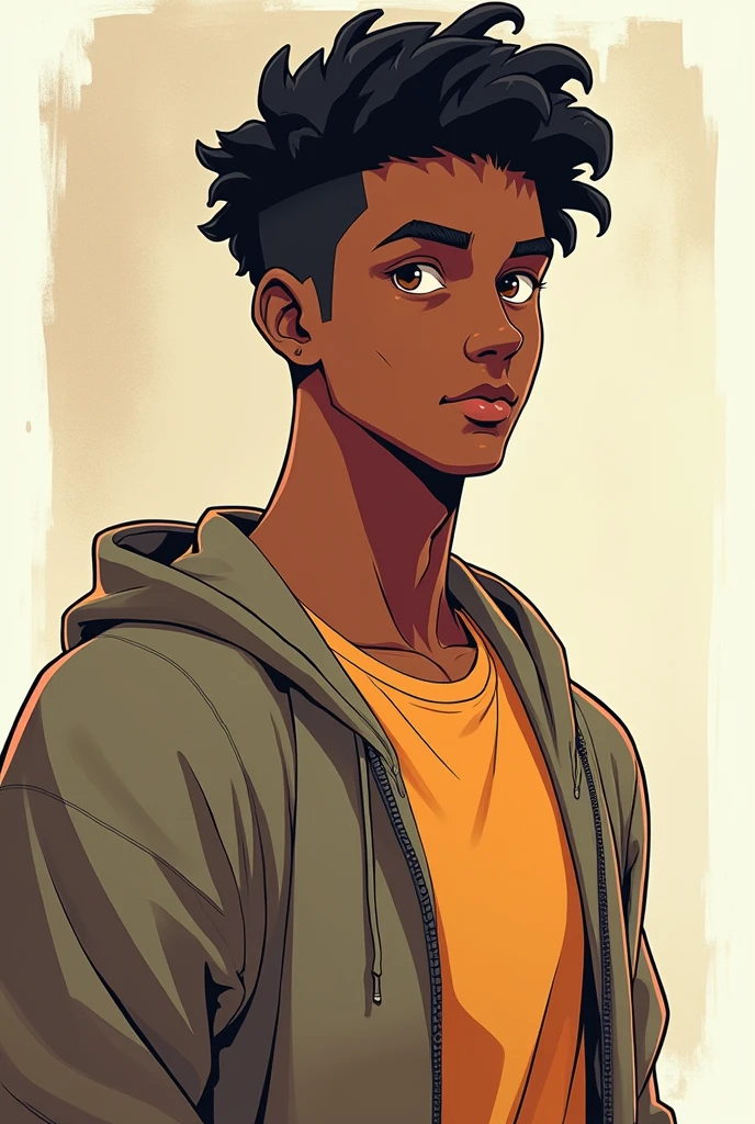 Chico, tall and handsome, moreno, short curly black hair, Brown eyes, wears sports clothes. anime style.