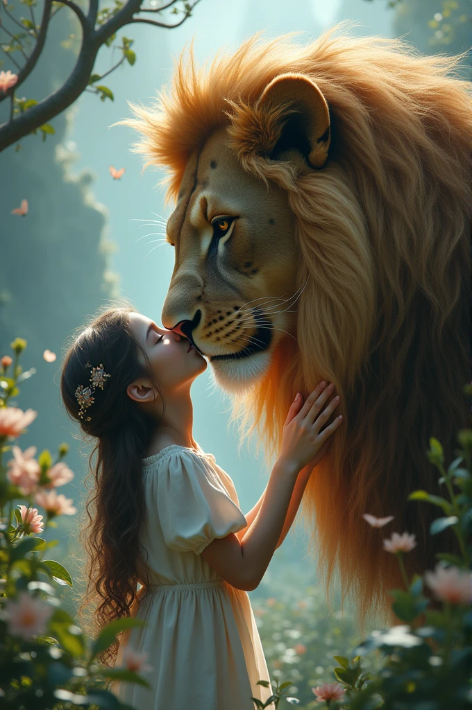A girl kissing a lion in a magical fantasy world