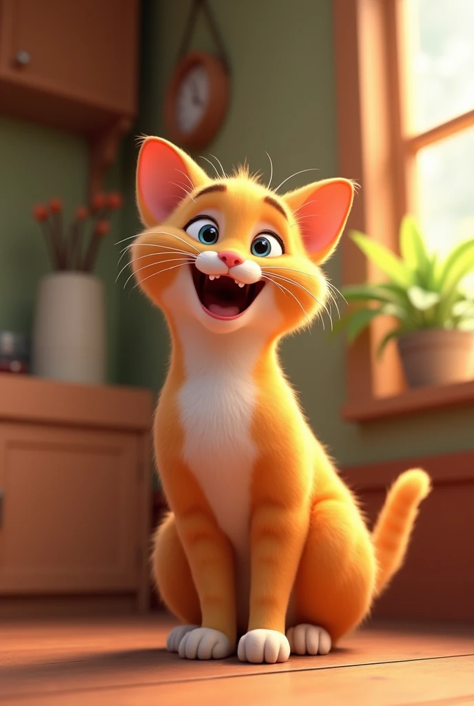 Most Happy  cat siting On a table Ai 3D Animated Disney inspired 