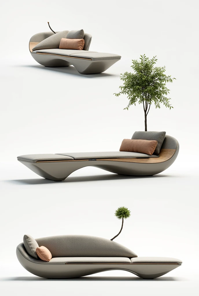 Bench with a unique design that has a place to sit, lie down and have a tree pot 