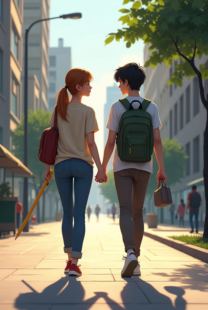 A walks with a friend with a pencil from the right angle