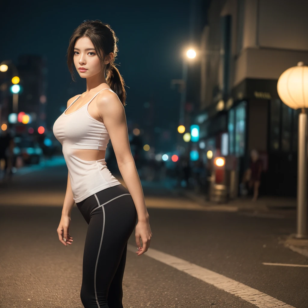 1 female, whole body, Standing posture, 回し蹴り, Tank top, short yoga pants, Beautifully drawn all the way to the toes, Lift your legs, bionde, ponytail, Eye contact with viewers, Manhattan at night, moon, Beautiful Face, highly Realistic skin texture, Highly detailed eyes:1.1, Blush all over face, Fuller lips, Lean Your Body, Wide Hips, Big round breasts, 5 fingers per hand, Perfect Anatomy:1.1, Perfect Proportions:1.1, barefoot, slightly muscular arms, Muscular body, (Muscular woman:0.6), Volumetric lighting, Dynamic Lighting, (High resolution:1.1), Sharp focus, (Realistic, hyperRealistic:1.4), Complex, Attention to detail, cinematic, Capture the light, Multiple lights, Scattered beneath the surface, bokeh, vivid, Polished, Honed, ((Full Sharp)), (Extremely absurd), 4K, High resolution, White light, 目がCapture the light, bright, light, Bright Lighting, translation, Fundist