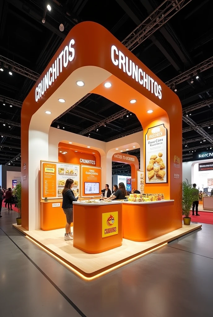 Make a Stand for an International Fair, 3.5m high and 3m long and 2m wide Give me an L-shaped design and the name says crunchitos is a stand and the product is snack