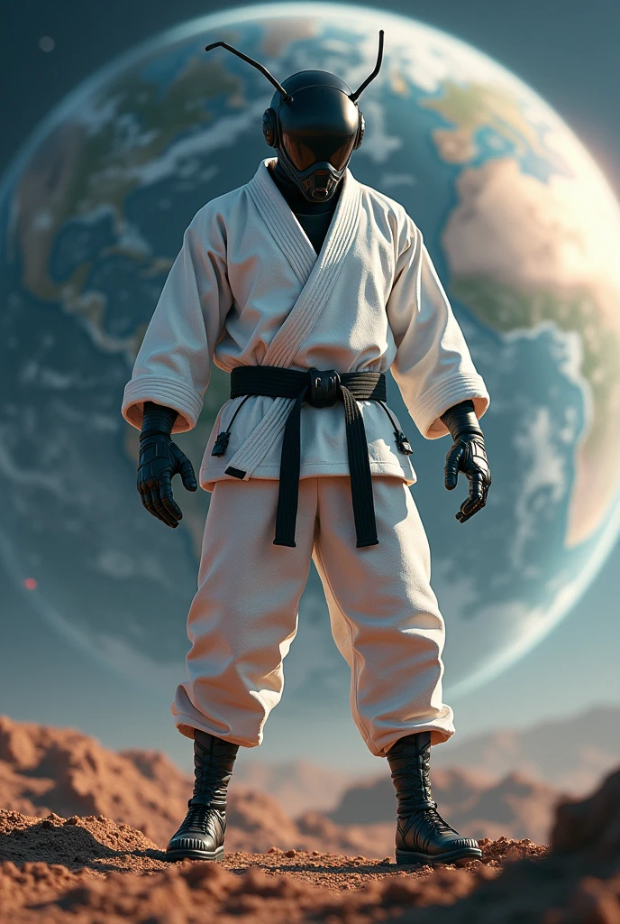 red ant, atomica, super heroi, wearing helmet , wearing a white jiu jitsu kimono, long arm sleeve, White pants, black waist belt, with both hands resting on the waist, pose de heroi, it's not human, planet earth as background, realisitic