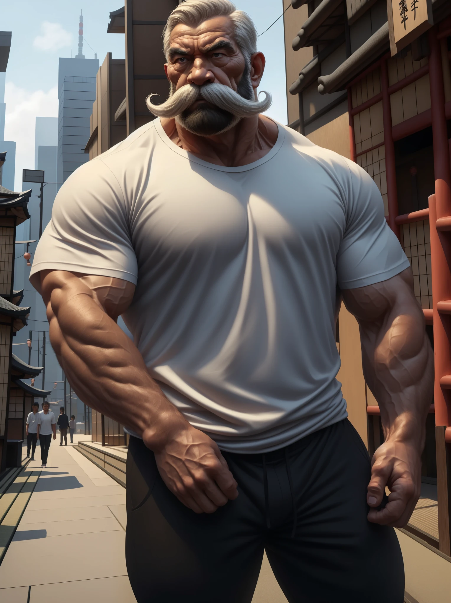 a muscular man with a thick mustache and long beard, (Japanese man:1.3), wearing a white t-shirts, black pants, standing in a city background, (best quality,4k,8k,highres,masterpiece:1.2),ultra-detailed, realistic, photorealistic, semirealistic,detailed wrinkles,detailed facial features,detailed texture, half body, halfbody