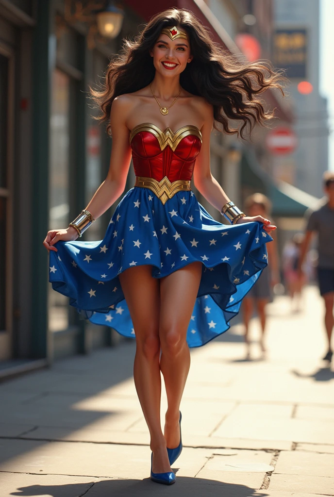 A scene with Wonderwoman inspired by Marylin Monroe in The Seven Year Itch. Scene Context:
Wonder Woman is standing outdoors on a city street, above a vent that blows air upwards. The background includes a glass door and a shop sign, though these details are not the main focus. The setting is urban.
Pose and Attitude:
She is slightly leaning forward while keeping her feet firmly on the ground. Her legs are straight but slightly crossed, with her left knee slightly bent inward.
Her blue and red dress, made of light fabric, is being blown upwards by the air from the vent below, revealing her thighs up to mid-thigh.
Her arms are bent at the elbows, with her hands holding the bottom of her dress to keep it from flying up completely.
She has a wide smile, expressing a mix of surprise and delight, with her head slightly tilted to the right, and her eyes either closed or nearly closed, enhancing the expression of spontaneous happiness.
Outfit:
She is wearing a blue and red dress, sleeveless with a deep V-neckline, fitted at the waist, and flaring out into a pleated skirt.
She is wearing high-heeled shoes, which are blue to match the color scheme.
Her hair is dark, flowing, and styled in loose waves, framing her face.
Lighting and Ambiance:
The image is brightly colored, with soft but sufficient lighting to highlight the details of her dress and facial expression.
The background is slightly blurred, emphasizing Wonder Woman as the main subject of the image.
Facial Expressions and Emotions:
She displays a radiant smile, suggesting joy and a slight surprise, with her eyes possibly squinting or closed, which enhances the expression of happiness.