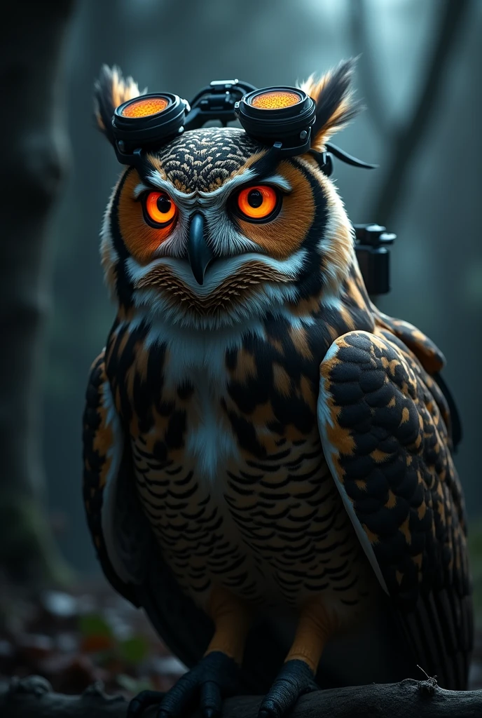 Owl wearing combat night vision goggles