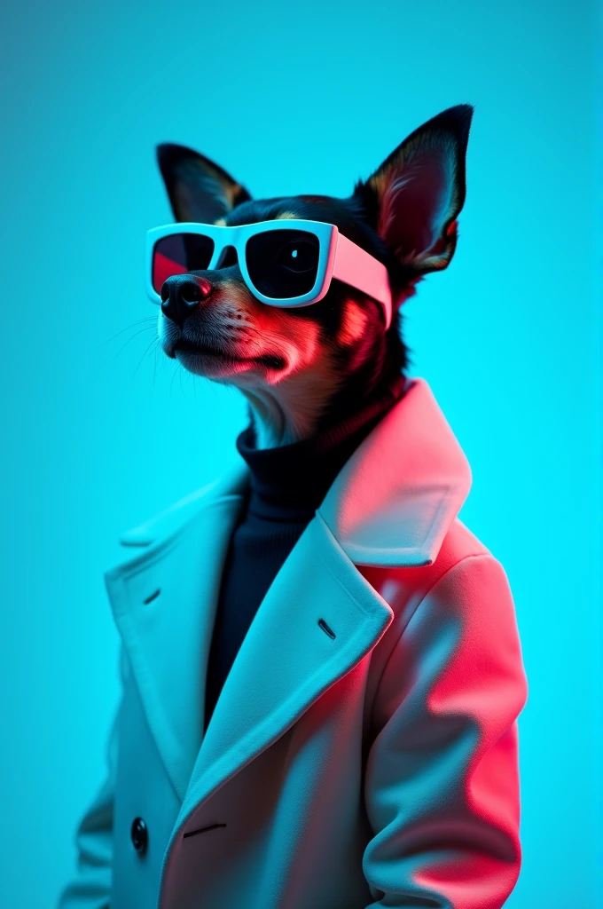 The best cell phone wallpaper, Award-Winning Wallpaper, portrait photography, In the front view is a portrait of a cute dog wearing mid-1960s space age fashion, Side view photo, Shot with Canon EOS R5, Set a strong contrast that accentuates the subject, Fluorescent blue tone, Wearing a very modern coat and sunglasses is a modern 1960s style, Clothes all in one color, beautiful background