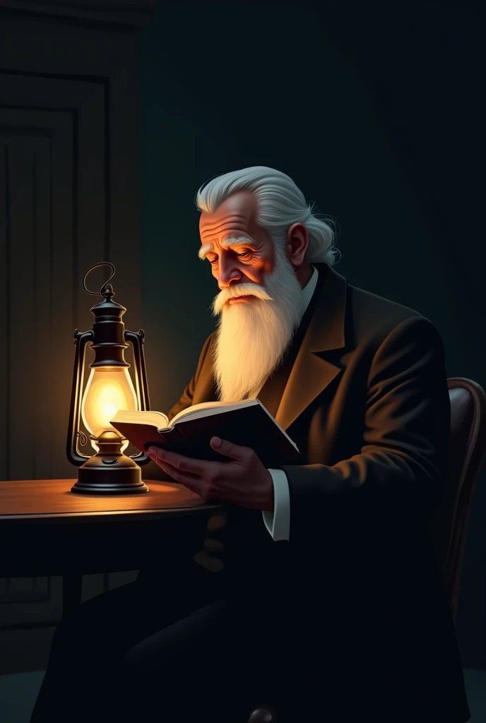 Create a logo featuring an aristocratic man, with his 70 years, big beard reading a book under the light of an old lantern, em estilo minimalista.