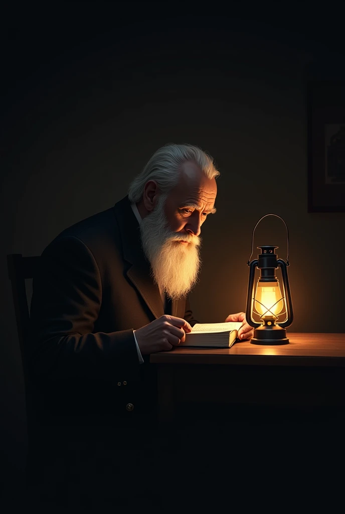 Create a logo featuring an aristocratic man, with his 70 years, big beard reading a book under the light of an old lantern, em estilo minimalista.