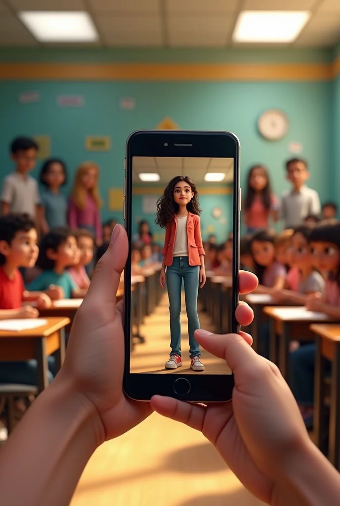 A hand films with a cell phone a  Latina girl reciting a poem at her school, Many children and teachers look at her pixar style drawing 