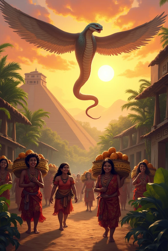 Make an Aztec village with happy people carrying baskets full of cocoa and place it in the background, in the sky a snake flying and giving cocoa to people