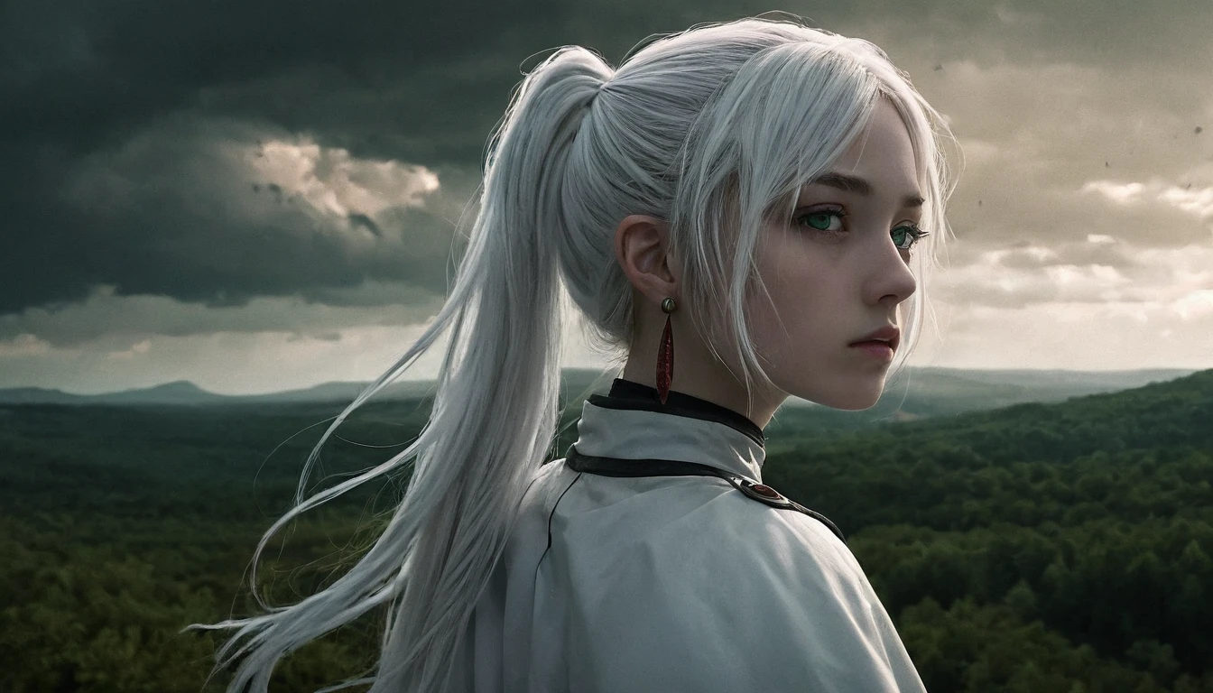 Photorealistic, reality, 1girl, white hair, long hair, twintails, pointy eyes, green eyes, white caplet, jewelry, earrings, standing alone, dark desolate landscape, vast desfiladeiro, dramatic sky, wind blowing through her hair, forest in the distance, deep shadows, solemn and contemplative expression, fantasy setting, realistic textures, cinematic lighting.
