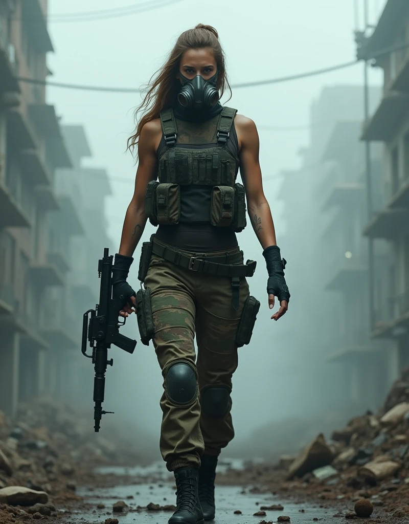 (Photorealism:1.2), sexy armed woman, A female soldier wearing a gas mask patrols a fog-filled ruin.
