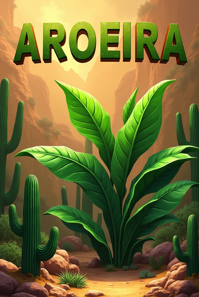 The typical aroeira plant from the northeast centered in the middle, and more elements of the northeastern hinterland spread throughout the photo, such as mandacarus cacti and the word “AROEIRA” written in bold, capital letters. It could be one more image, as it is for a 3rd grade class.