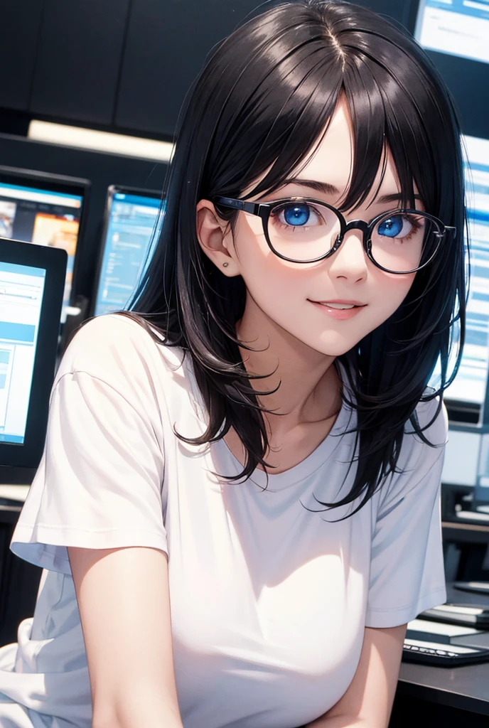 High resolution, masterpiece, Highest quality, Beautiful girl,White T-shirt,smile, Black Hair, Messy Hair,Large round frame glasses,Background blur, Blue Eyes,computer