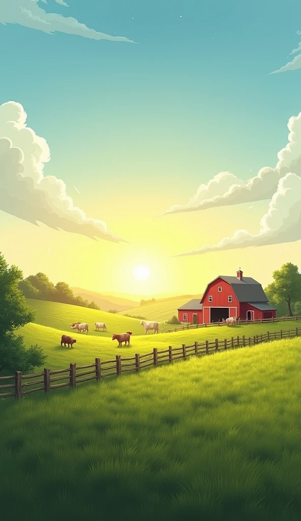 "A serene rural landscape at sunrise, with golden light spilling over expansive green fields and a red barn in the distance. The sky is clear with a few wispy clouds, and the scene is dotted with grazing animals and a classic wooden fence. The atmosphere captures the peaceful, down-to-earth essence of farm life."