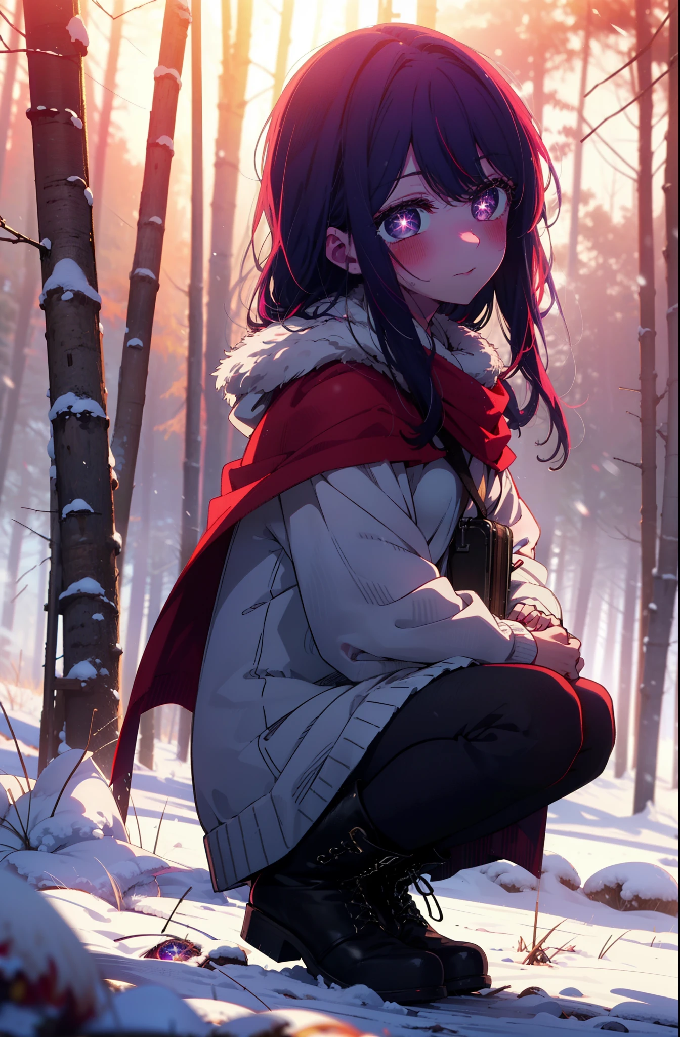 aihoshino, Ai Hoshino, Long Hair, bangs, (Purple eyes:1.1), Purple Hair, (Symbol-shaped pupil:1.5), smile,,smile,blush,white breath,
Open your mouth,snow,Ground bonfire, Outdoor, boots, snowing, From the side, wood, suitcase, Cape, Blurred, , forest, White handbag, nature,  Squat, Mouth closed, Cape, winter, Written boundary depth, Black shoes, red Cape break looking at viewer, Upper Body, whole body, break Outdoor, forest, nature, break (masterpiece:1.2), Highest quality, High resolution, unity 8k wallpaper, (shape:0.8), (Beautiful and beautiful eyes:1.6), Highly detailed face, Perfect lighting, Highly detailed CG, (Perfect hands, Perfect Anatomy),