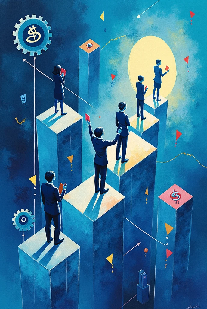 Create three-dimensional gears, circles, and squares, currency, graph lines, and many business woman Wear a dark blue suit images. Using watercolor and mixed media Use bright colors The light source is in the upper right corner,background blue. --ar 2:3