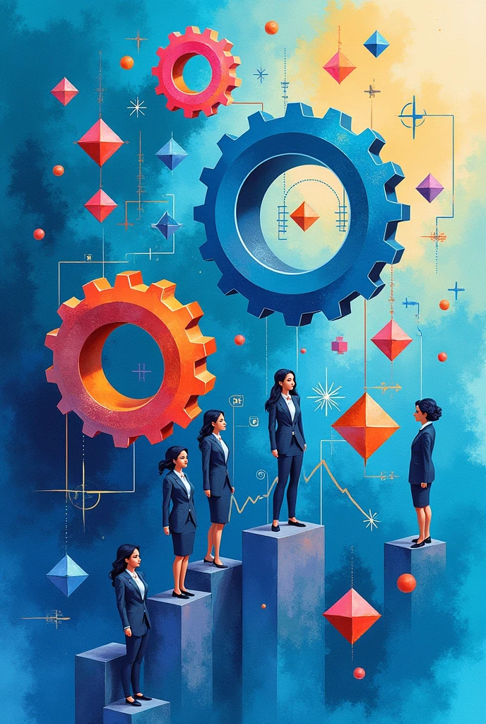 Create three-dimensional gears, circles, and squares, currency, graph lines, and many business woman Wear a dark blue suit images. Using watercolor and mixed media Use bright colors The light source is in the upper right corner,background blue. --ar 2:3