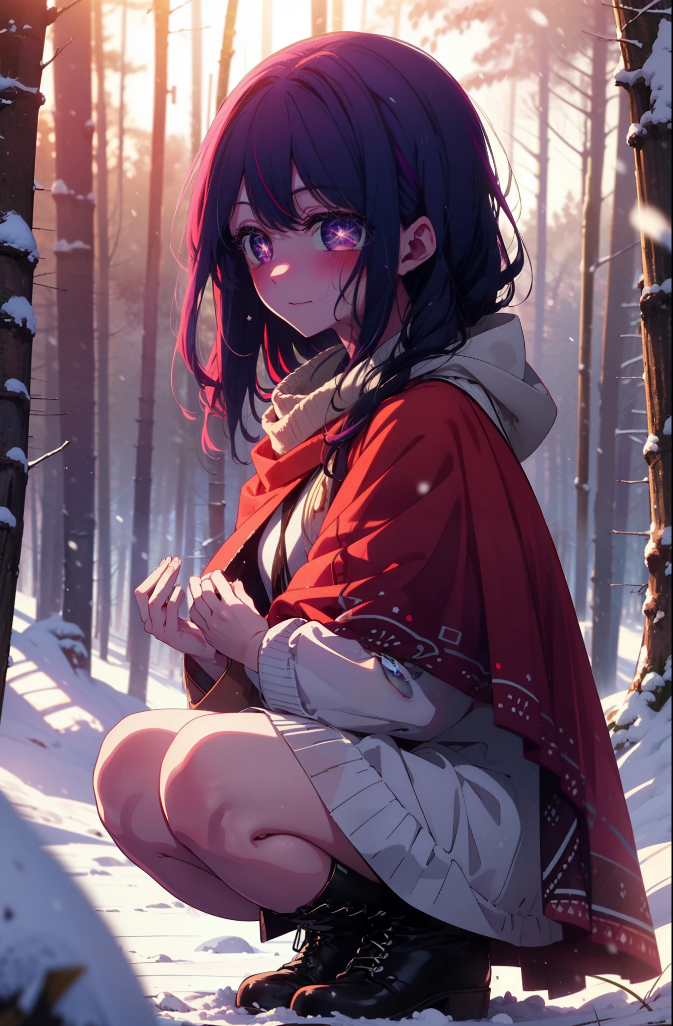 aihoshino, Ai Hoshino, Long Hair, bangs, (Purple eyes:1.1), Purple Hair, (Symbol-shaped pupil:1.5), smile,,smile,blush,white breath,
Open your mouth,snow,Ground bonfire, Outdoor, boots, snowing, From the side, wood, suitcase, Cape, Blurred, , forest, White handbag, nature, Squat, Mouth closed, Cape, winter, Written boundary depth, Black shoes, red Cape break looking at viewer, Upper Body, whole body, break Outdoor, forest, nature, break (masterpiece:1.2), Highest quality, High resolution, unity 8k wallpaper, (shape:0.8), (Beautiful and beautiful eyes:1.6), Highly detailed face, Perfect lighting, Highly detailed CG, (Perfect hands, Perfect Anatomy),