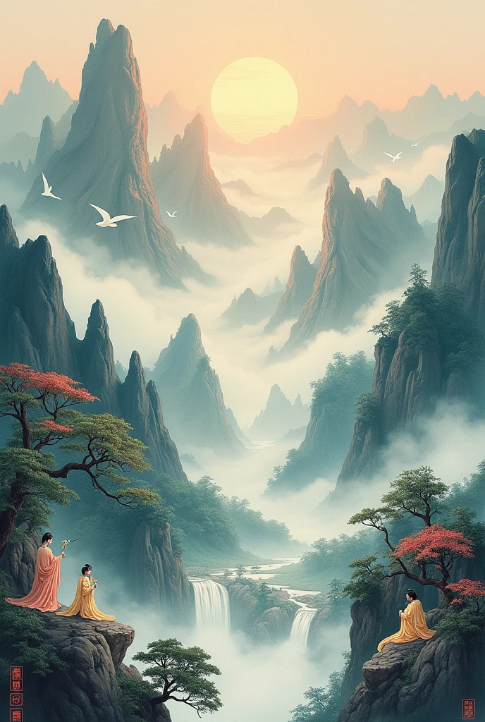 A very old chinese painting with a picture of the kingdom of heaven like chinese culture