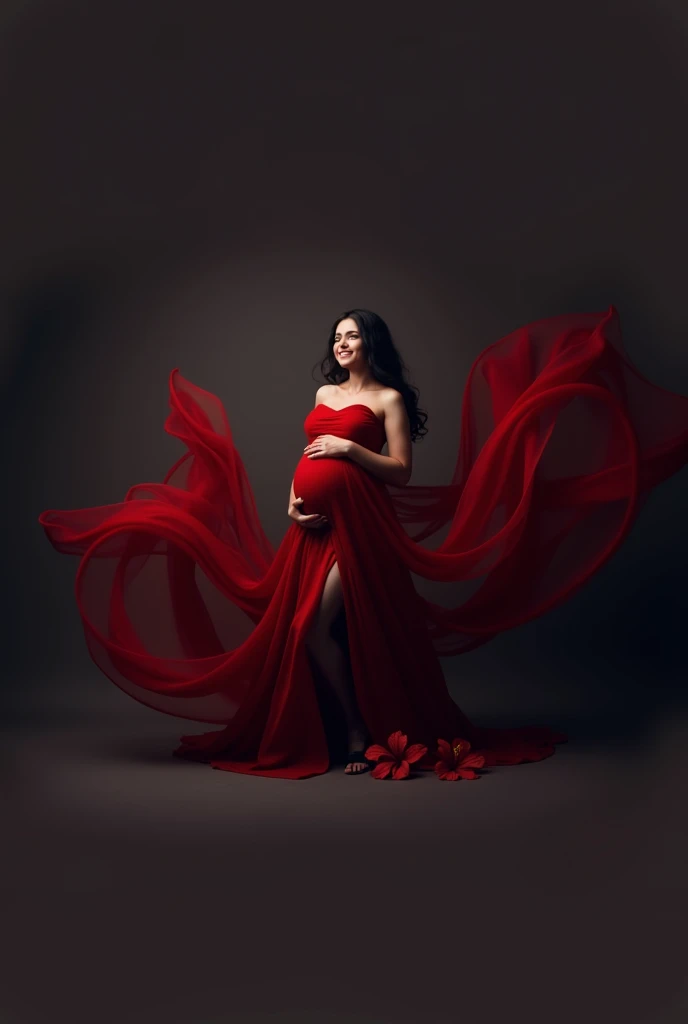 pregnant woman in red dress posing with flowing fabric in studio, digital art by Bernardino Mei, shutterstock contest winner, digital art, flowing gown, maternal photography 4 k, flowing fabric, draped with red hybiscus, grayscale photo with red dress, red clothes, girl wears a red dress, award winning studio photo, full body photoshoot, draped in flowing fabric