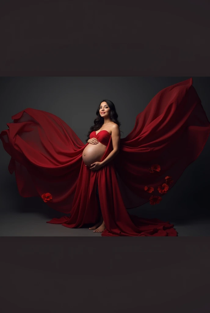 pregnant woman in red dress posing with flowing fabric in studio, digital art by Bernardino Mei, shutterstock contest winner, digital art, flowing gown, maternal photography 4 k, flowing fabric, draped with red hybiscus, grayscale photo with red dress, red clothes, girl wears a red dress, award winning studio photo, full body photoshoot, draped in flowing fabric