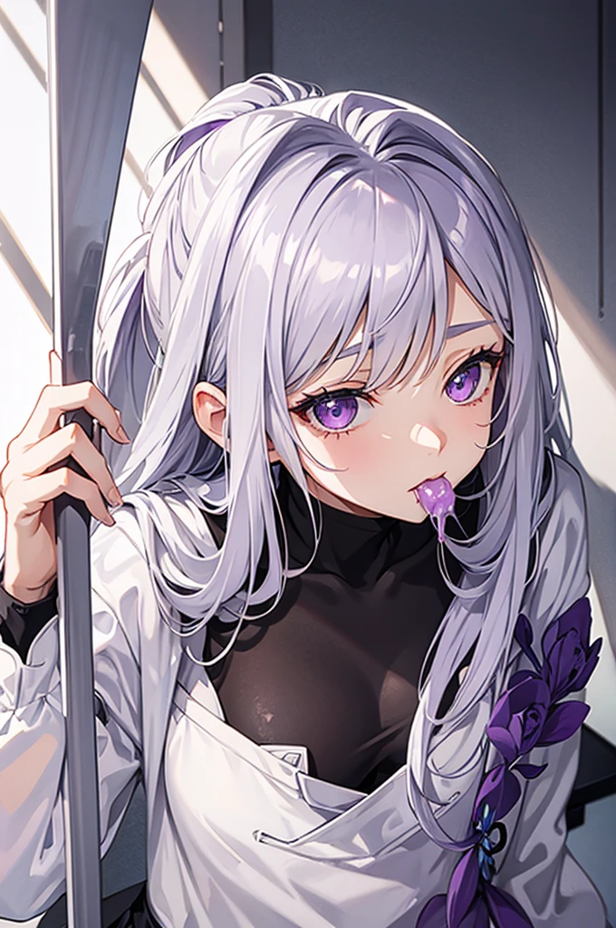 silver hair, purple eyes, exposed breasts, sucking cock, shy