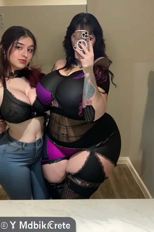 
two women in tights taking a selfie in a mirror, 1  goth girl, y 2 k style, y2k style, grunge aesthetic!!!, goth vibe, goth aesthetic, dressed in crustpunk clothing, diverse outfits, charmed sexy look, grunge aesthetic!!! (, witchcore clothes, her wardrobe is attractive, very sexy outfit, Big , huge , no clothes, sexy, cute, wide hips, thick thighs, pear-shaped body, minimal clothes, thick, bbw, chubby stomach, thick nipples, nipple piercings, large areola, hard nipples, piercing through shirt, nipples hard through shirt, busty, major cleavage, naked, ripping through top, spilling over sides, bra too tight, giant , huge ass