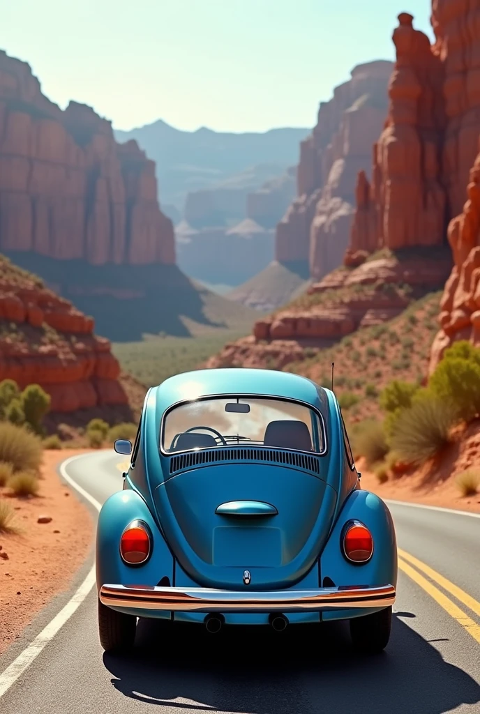 Rear of a 1973 blue Beetle traveling through the Grand Canyon in the USA on vacation