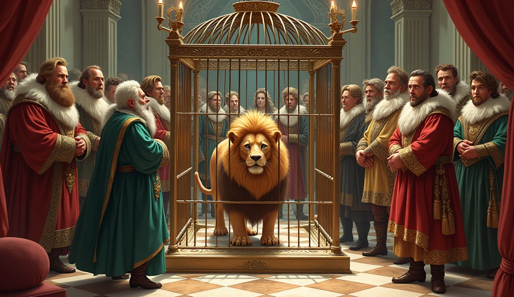 Courtiers Attempting the Challenge
Illustrate various courtiers trying to solve the problem using different methods, failing to remove the lion from the cage.