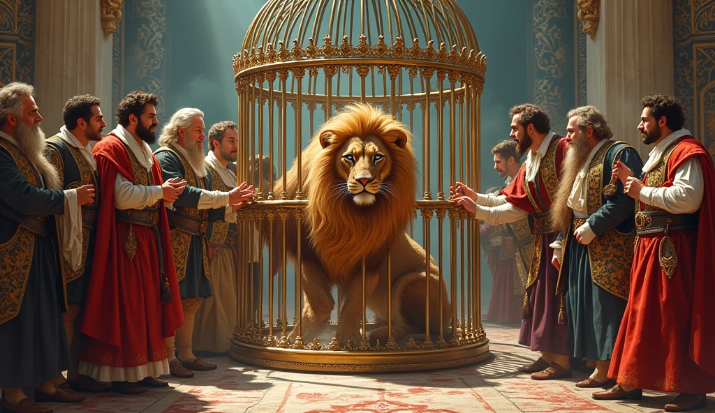 Courtiers Attempting the Challenge
Illustrate various courtiers trying to solve the problem using different methods, failing to remove the lion from the cage.