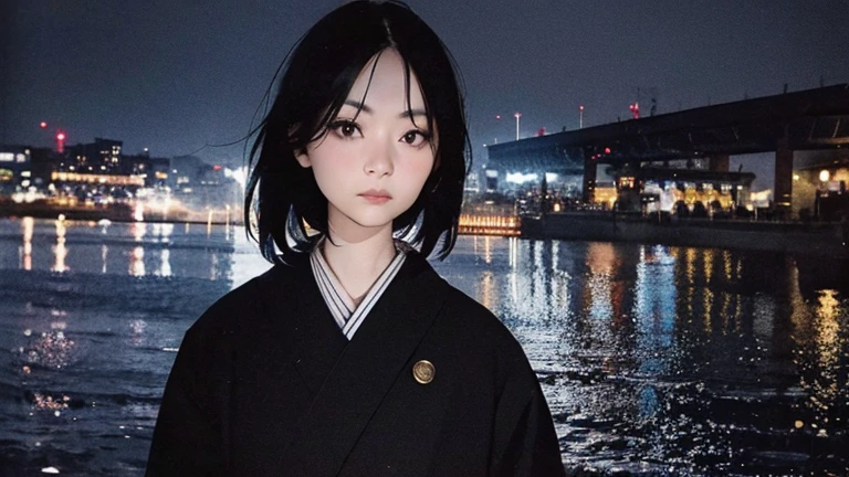 Black Hair、Cold look:1.5、Japanese woman in her 30s、Dark Background、One Cool Lady:1.2、Sharp Eye、night、whole photo、