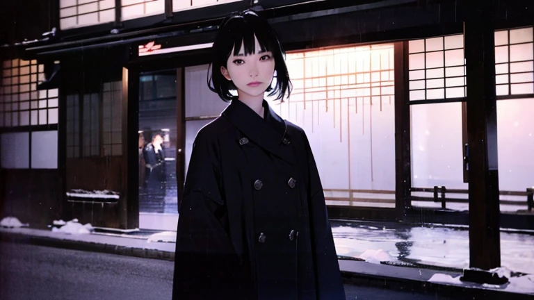 Black Hair、Cold look:1.5、Japanese woman in her 30s、Dark Background、One Cool Lady:1.2、Sharp Eye、night、whole photo、