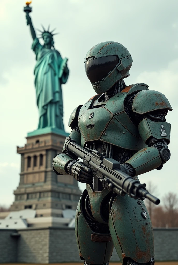 The robot soldier stood cautiously. Armed and worn uniforms Protect the Statue of Liberty It captures the essence of security and protection.