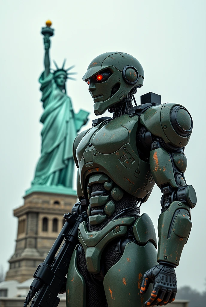 The robot soldier stood cautiously. Armed and worn uniforms Protect the Statue of Liberty It captures the essence of security and protection.