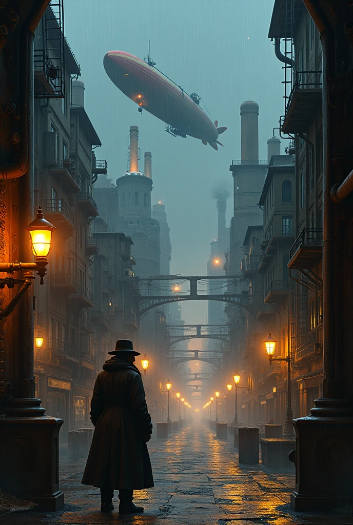 Industrial city, Walling, steampunk. There is an inn, Residential area, ((airship)) In the sky, city gate, Rusty and heavy, cigarette, cigarette突, factory, gear, mechanical, tall building, tower, The power of steam, Steam pipe, Street lamp, (Bird's Eye View), (at night, Starry Sky), (Heavy Rain), (intersection), (Cinema Lighting:0.8, Super Detail, bloom)