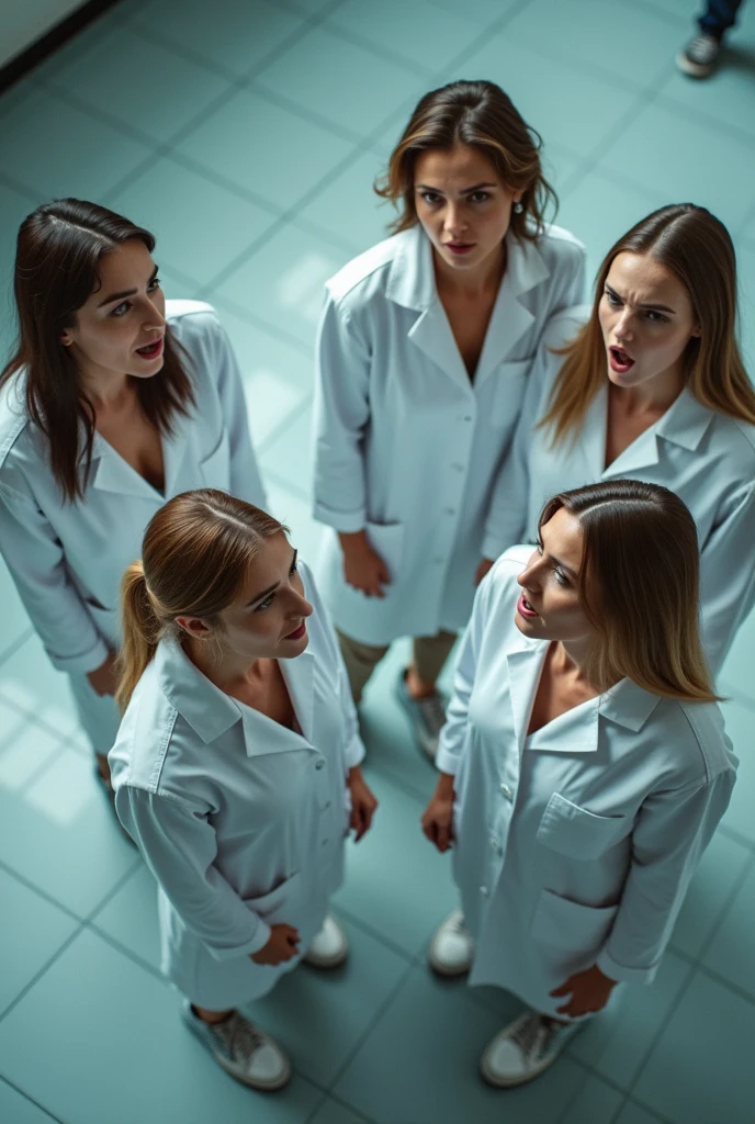 A group of sexy female white  scientists screaming.  Standing on the tile floor.  Shot from a bird's eye view. Looking at viewer