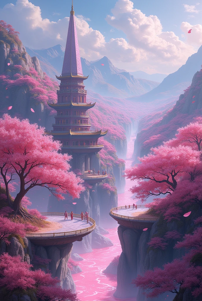 A vast and magical kingdom of the Sakurianas set in 2000 B.C. in China. The kingdom is located within a sprawling forest of Sakura trees, with petals constantly falling, creating an enchanting atmosphere. The trees are vibrant, with blossoms in various shades of pink. The architecture includes shimmering, translucent palaces elevated on platforms that overlook fields of Sakura. The structures are adorned with pink hues, reflecting the soft color of the Sakura flowers. Floating pathways e of glass connect different parts of the kingdom, allowing the Sakurianas to walk among the trees and over rivers filled with floating Sakura petals. The kingdom is protected by barriers formed from indestructible and poisonous Sakura petals that shimmer with a mystical glow. High observation towers covered with Sakura flowers serve as watchtowers, with vigilant Sakurianas ready to command the petals for defense. The landscape also features floating gardens full of different flowers and herbs, suspended above the kingdom, fed by the magical energy of the Sakurianas. Rivers of glowing Sakura petals flow through the kingdom, creating a serene and otherworldly ambiance. In the distance, majestic mountains frame the kingdom, adding to its natural beauty and sense of isolation from the outside world.