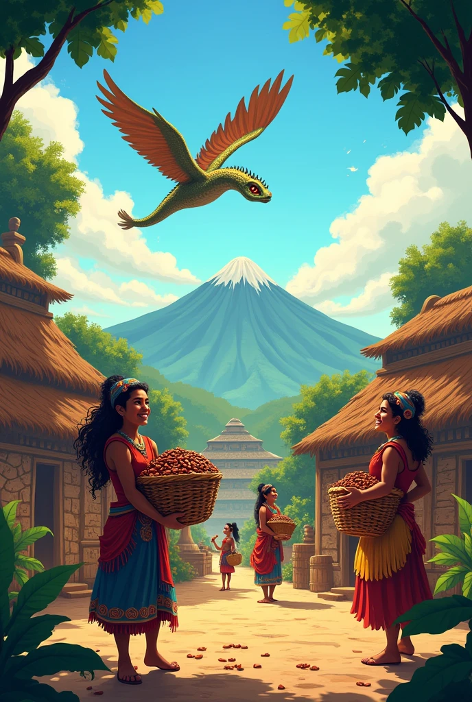 Make an Aztec village with happy people carrying baskets full of cocoa and place it in the background, in the sky a snake flying