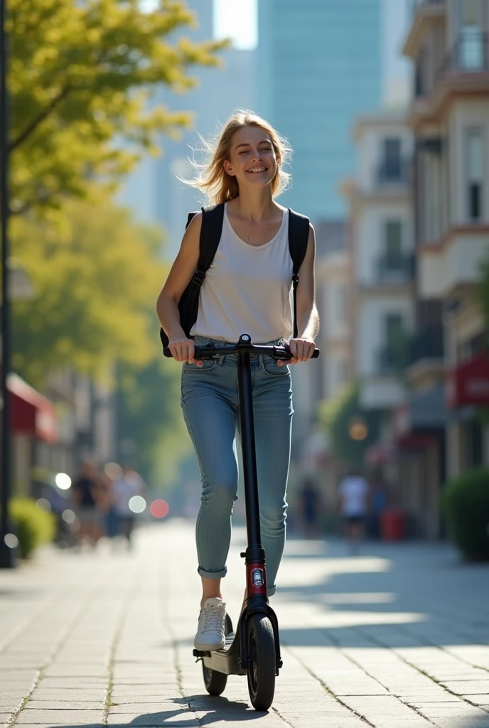 The main image could show a student using a scooter enjoying the sun or the rain., while moving comfortably.