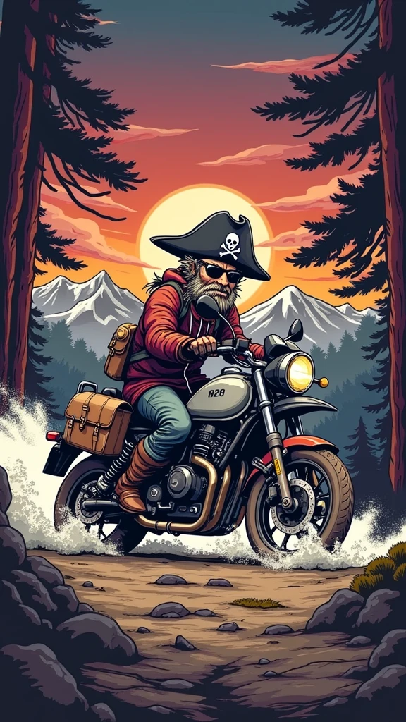 ((logo with white border:1.5)), ((Honda NC750X model year 2024 :1.5)) , ((trail bike with suitcases:1.5)), ((pirate driving motorcycle)), (((crear un logo with white border de un pirata manejando una honda NC750x))), mountains background