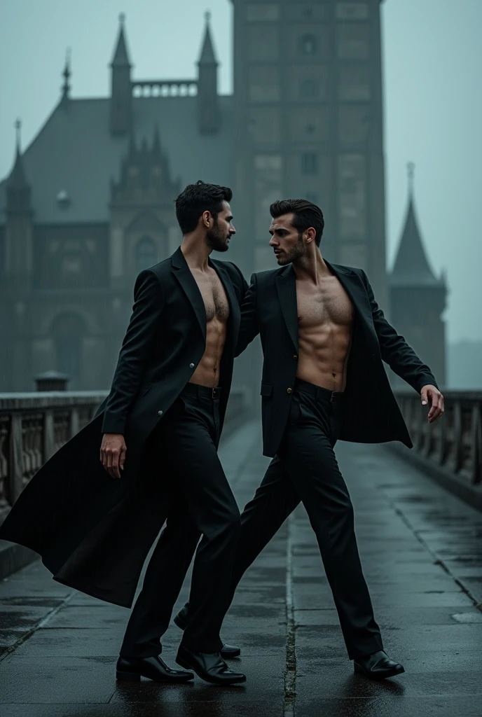 Two handsome skinny men dressed in black long suits without a shirt under the rain dancing bautiful liar on top of a black castle