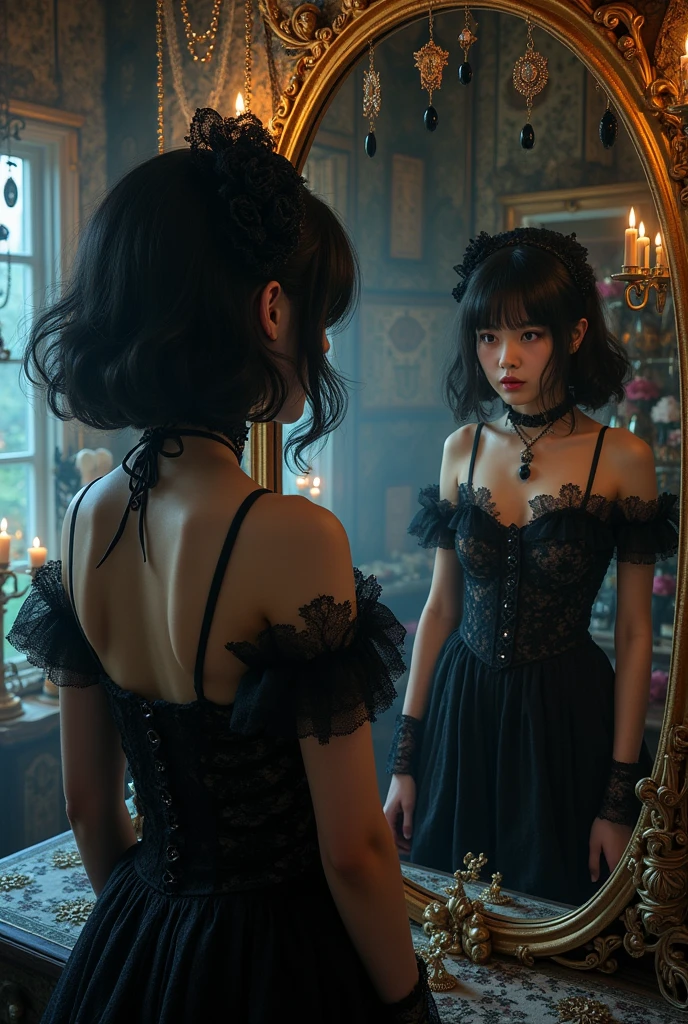 A teenage witch with a himecut is getting ready in front of the mirror. She wears a black lace gothic dress. Behind the mirror, thousands of gothic lolita accessories are being displayed