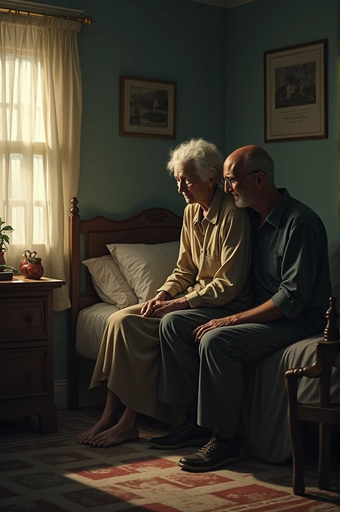 A old lady siting on bed near man siting chair
