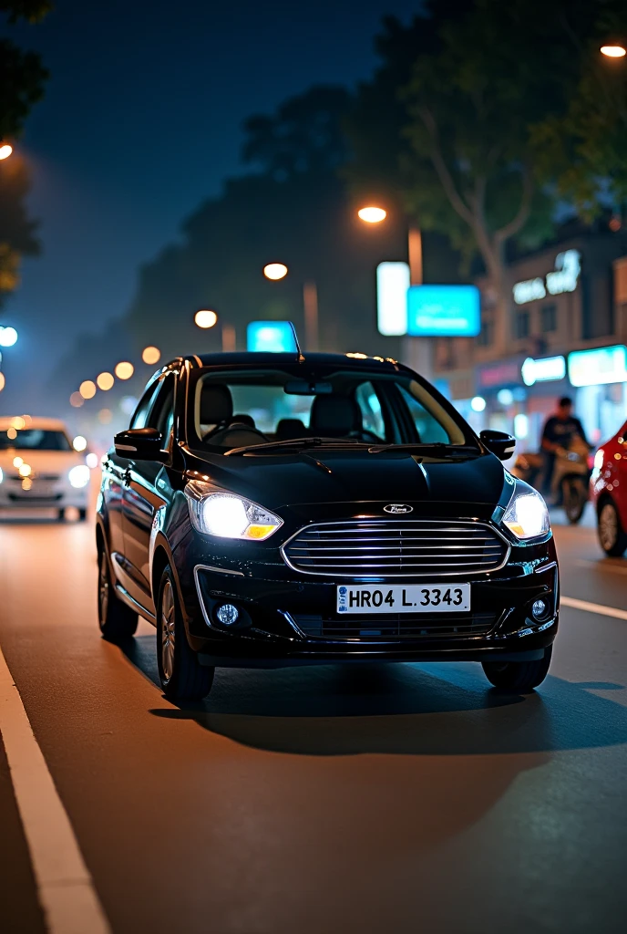 black ford figo titatanium tdci with registration number HR04 L 3343 with hsrp  on indian traffic fast  in night front