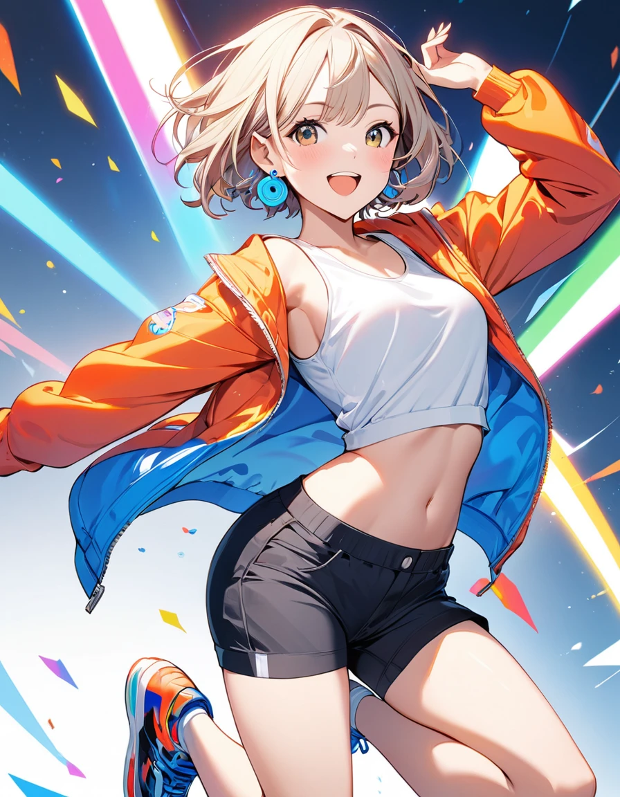 1girl, best quality, beautiful, short hair, 8K, act cool pose, jump, happy, jacket, white tanktop inside, earrings, perfect body, concept, colorful