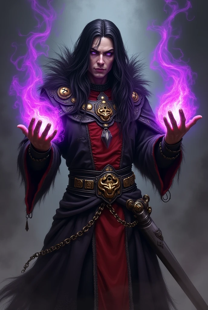 Man with long black hair with white streak Violet eyes Inspired by a Psyker from the Warhammer 40k universe Black clothes with red details and golden skulls Silver sword Scar on the left eye Conjures purple flames